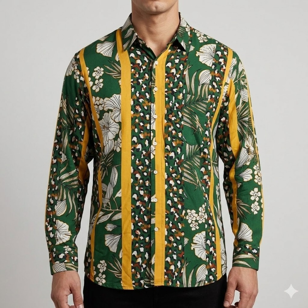 French Crown Green Floral Leopard Print Long Sleeve Shirt Size‎ 50 (4XL)